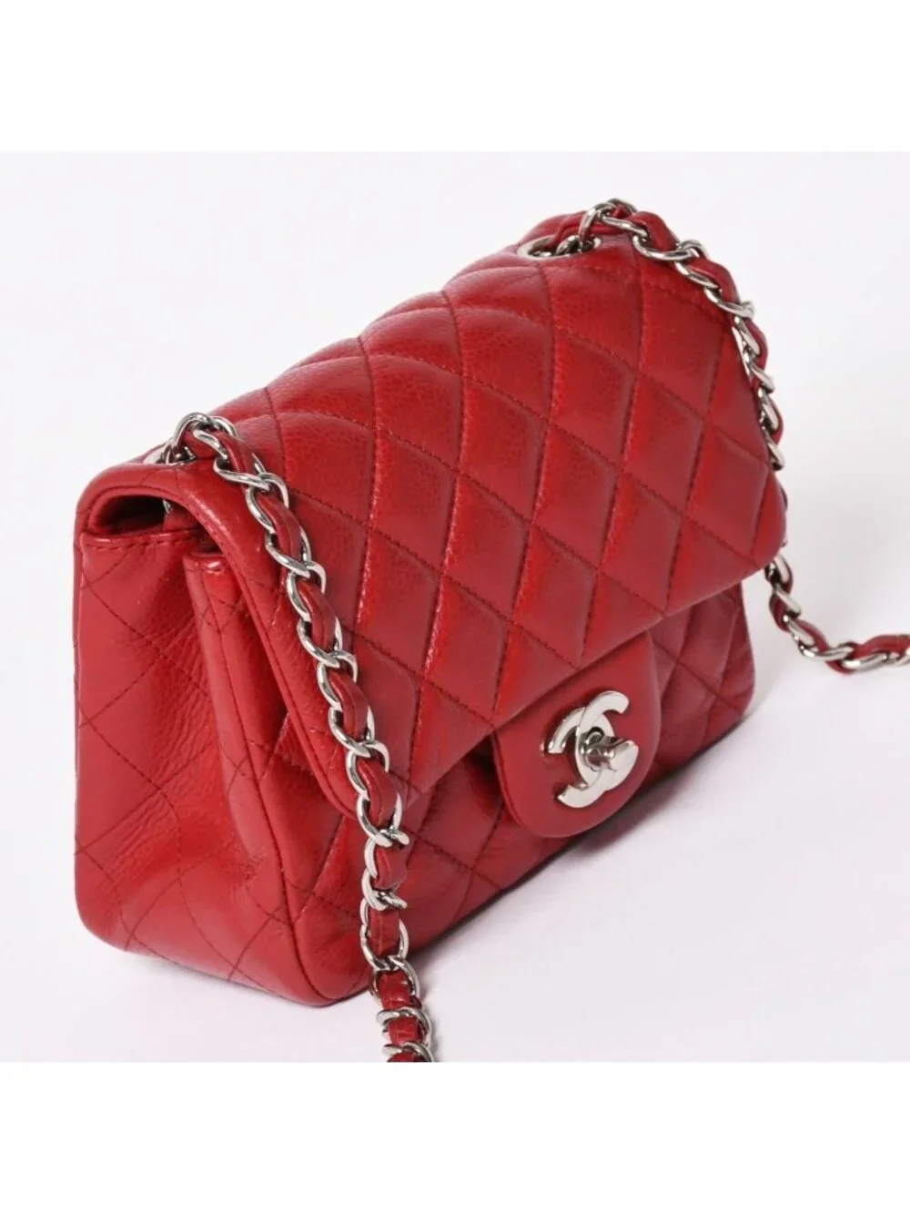Chanel Mini Quilted 16 Chain Shoulder Bag Caviar Leather Red Silver